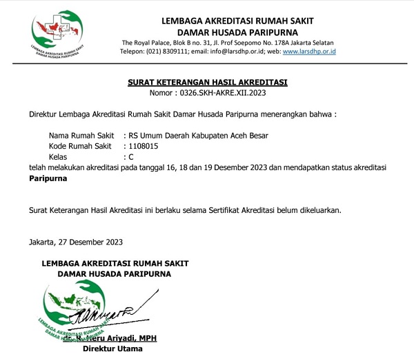 Surat keterangan perolehan akreditasi dengan Nomor : 0326.SKH-AKRE.XII.2023, Aceh Besar, Rabu(27/12). (Waspada/Ist)