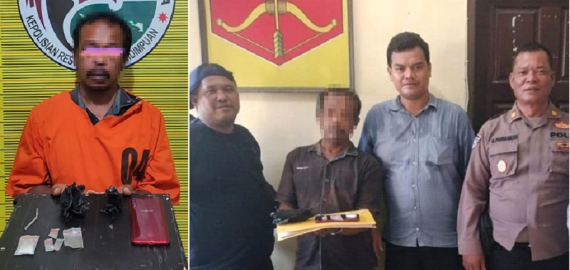 Kapolsek Hutaimbaru bersama personil Unit Reskrim mengamakan tersangka dan barang bukti narkotika di Mapolsek. (Waspada/Ist)