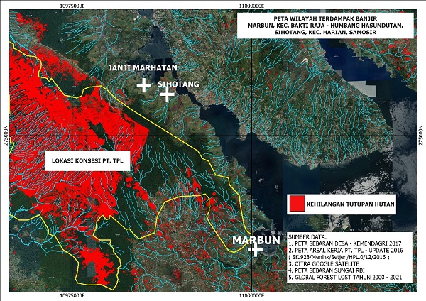 PETA potensi kerusakan hutan di hulu Danau Toba versi Walhi Sumut. Waspada/Ist