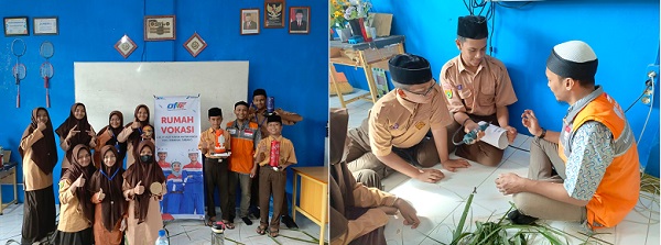 Tampak dalam gambar T. Hilnanda Afriza dari Rumah Zakat sedang mengajari anak sekolah MTsN Sabang kerajinan tangan program Rumah Vokasi.(Waspada/T. Zakaria)