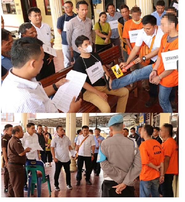 Polres melalui Sat Reskrim melakukan rekonstruksi kasus dugaan pembunuhan secara bersama-sama di Mapolres Pematangsiantar, Jl. Jend. Sudirman, Rabu (6/12).(Waspada-Edoard Sinaga).