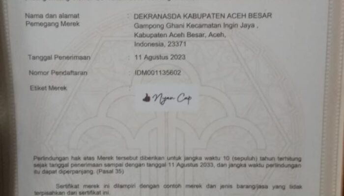 Produk ‘NYAN CAP’ Dekranasda Aceh Besar Dilindungi Hak Merek