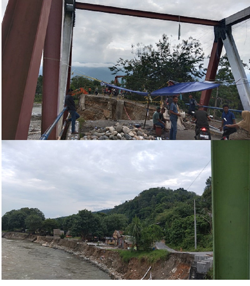 Pengguna jalan mengkhawatirkan jembatan darurat di Desa Mbarung yang kian memprihatinkan. Waspada/Seh Muhammad Amin