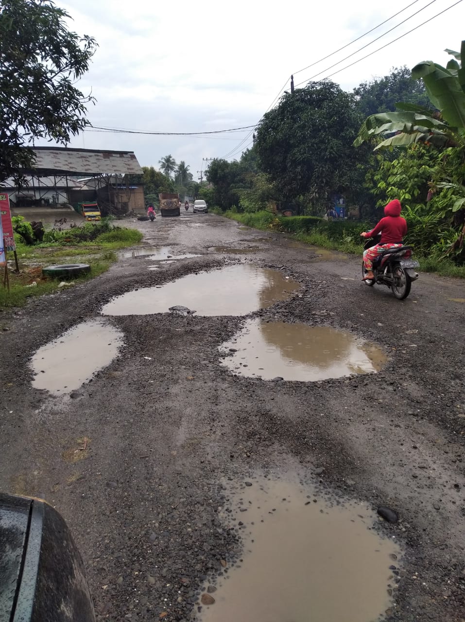 Ruas jalan di Kel. Kwala Begumit Kec Binjai Kab. Langkat menuju Kec. Selesai yang rusak parah. Waspada/Abdul Hakim 