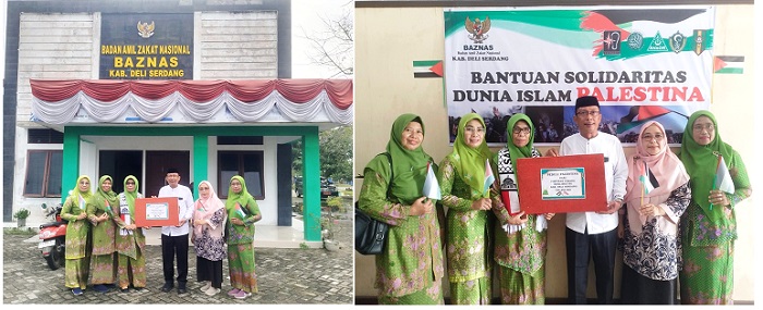 Ketua PC Muslim NU Deliserdang Wastiana Harahap saat memberikan bantuan kepada Masyarakat Gaza Palestina melalui Baznas yang diterima Ketua Baznas Deliserdang H. Surya Syahputra. (Waspada/Edward Limbong).