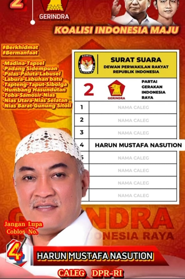 H. Harun Mustafa Nasution, sekarang Caleg DPR RI Dapil Sumut II dari Partai Gerindra nomor urut 5 bersama Ketua DPD Gerindra Sumut Gus Irawan Pasaribu di Gunungbarani, Panyabungan. Waspada/Irham H. Nasution