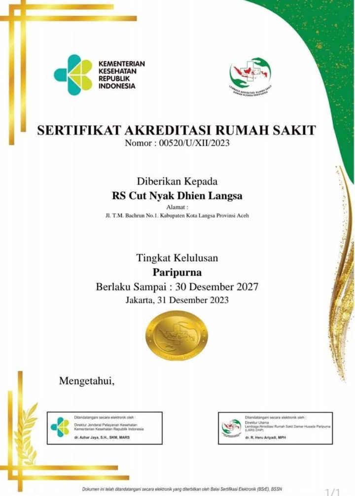 Sertifikat akreditasi tingkat kelulusan paripurna untuk RSU CND Langsa. Waspada/Ist