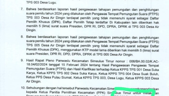 Beredar Rekomendasi PSU Di 6 TPS Kecamatan Simeulue Timur