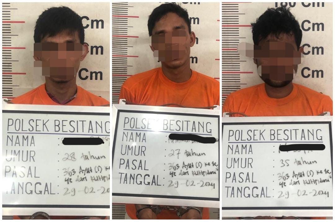 TIGA orang kawanan pencuri lembu diamanakan Polsek Besitang. Waspada/Ist