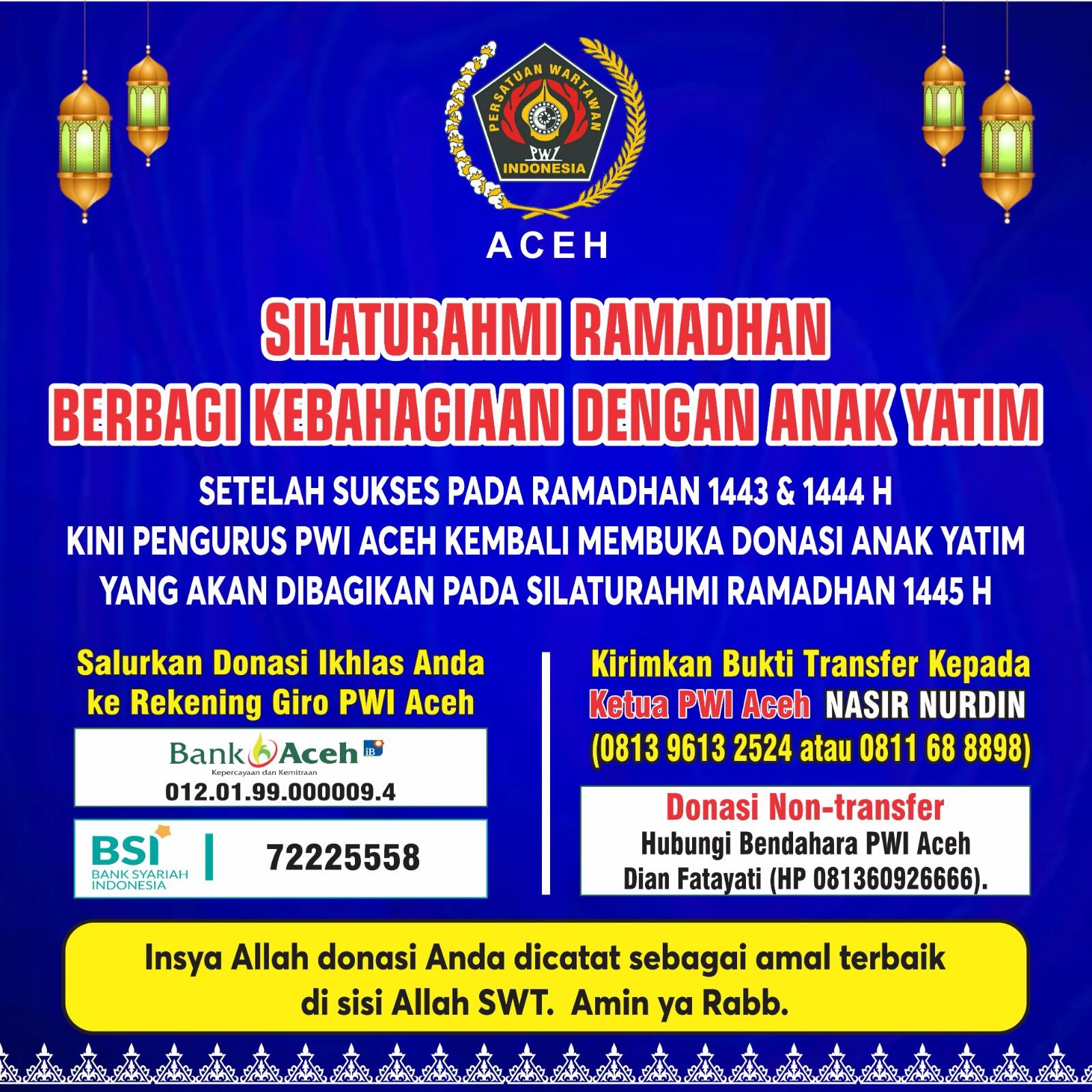 Info penggalangan donasi santunan yatim 1445 H yang dilaksanakan PWI Aceh. (Waspada/Ist)