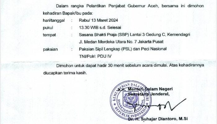 KPT Banda Aceh Hadiri Pelantikan Pj Gubernur Aceh di Jakarta