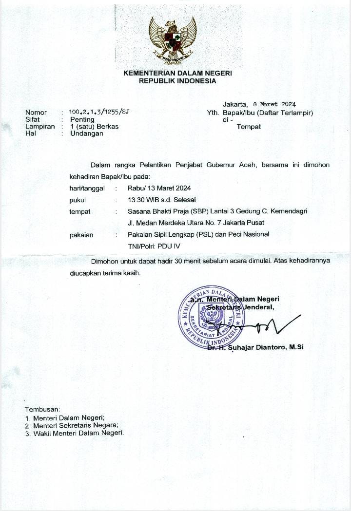 KPT Banda Aceh Hadiri Pelantikan Pj Gubernur Aceh di Jakarta