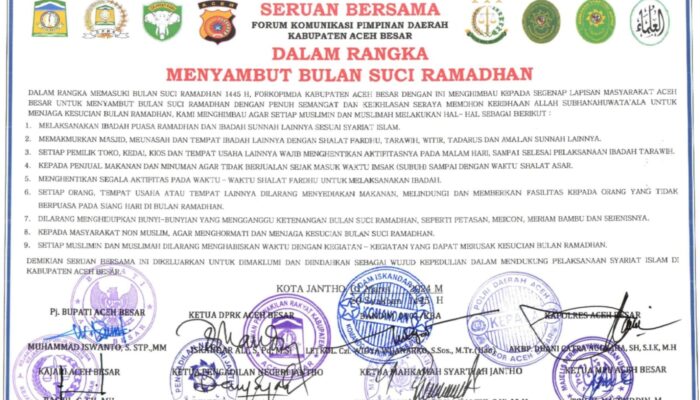 Forkopimda Aceh Besar Keluarkan Seruan Tata Laksana Ibadah Selama Ramadan