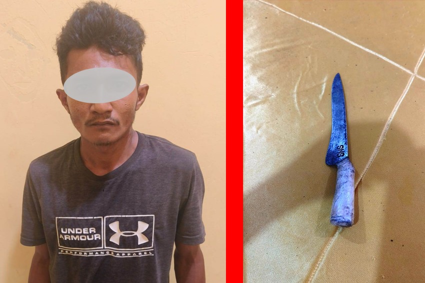 Tersangka KH bersama barang bukti diamankan di Polsek Madat. Foto Minggu (31/3). Waspada/Ist.