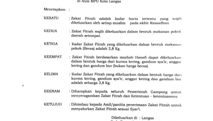 MPU Kota Langsa Tetapkan Zakat Beras 2,8 Kg/Jiwa