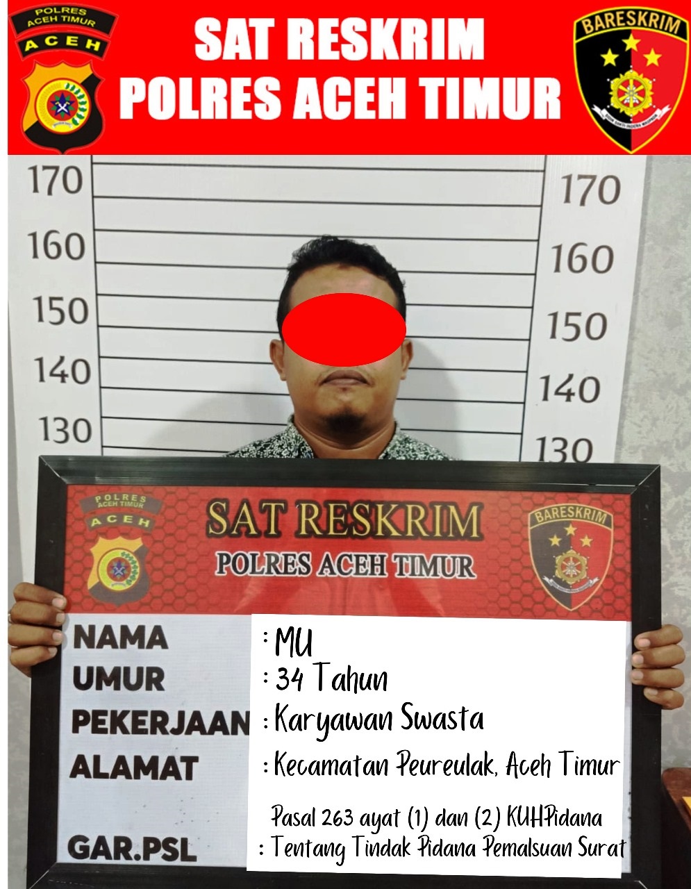 Tersangka MU diamankan polisi di Polres Aceh Timur, Rabu (27/3). Waspada/Ist.