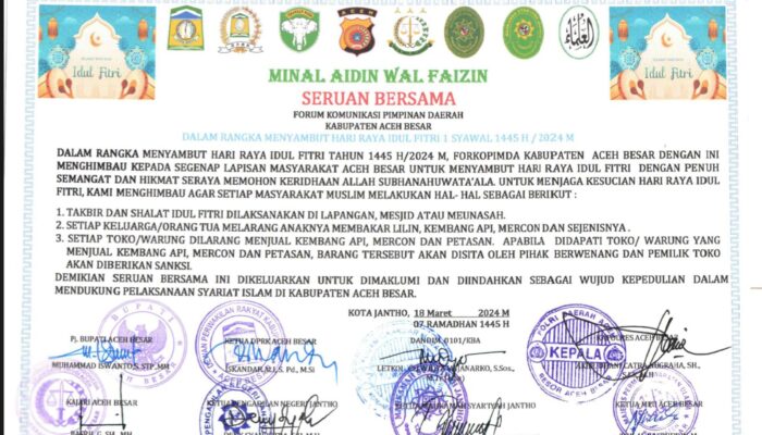 Sambut Idul Fitri 1445 H, Forkopimda Aceh Besar Keluarkan Seruan Bersama