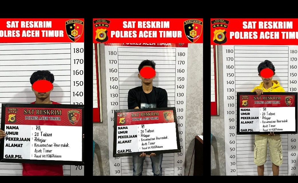 Tiga terduga pelaku pengeroyokan diamankan di Polres Aceh Timur, Rabu (3/4). Waspada/Ist.