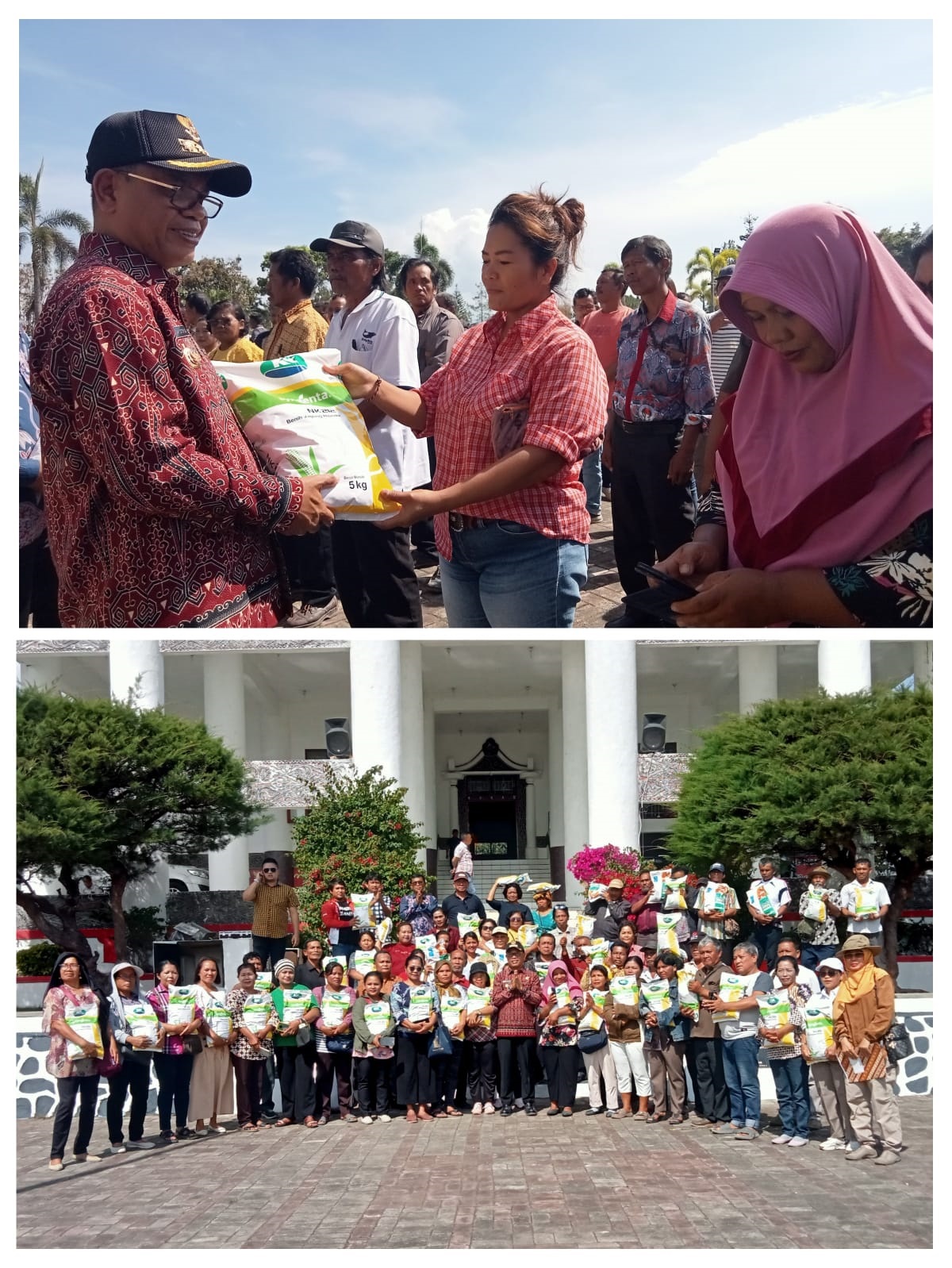 Bupati Toba, Poltak Sitorus secara simbolik menyerahkan bantuan benih jagung kepada 280 kelompok tani se Kabupaten Toba, ok Jumat (5/4). Waspada/Ramsiana Gultom