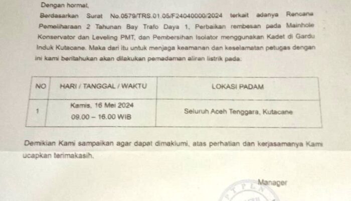 Besok, Seluruh Aceh Tenggara Padam Listrik