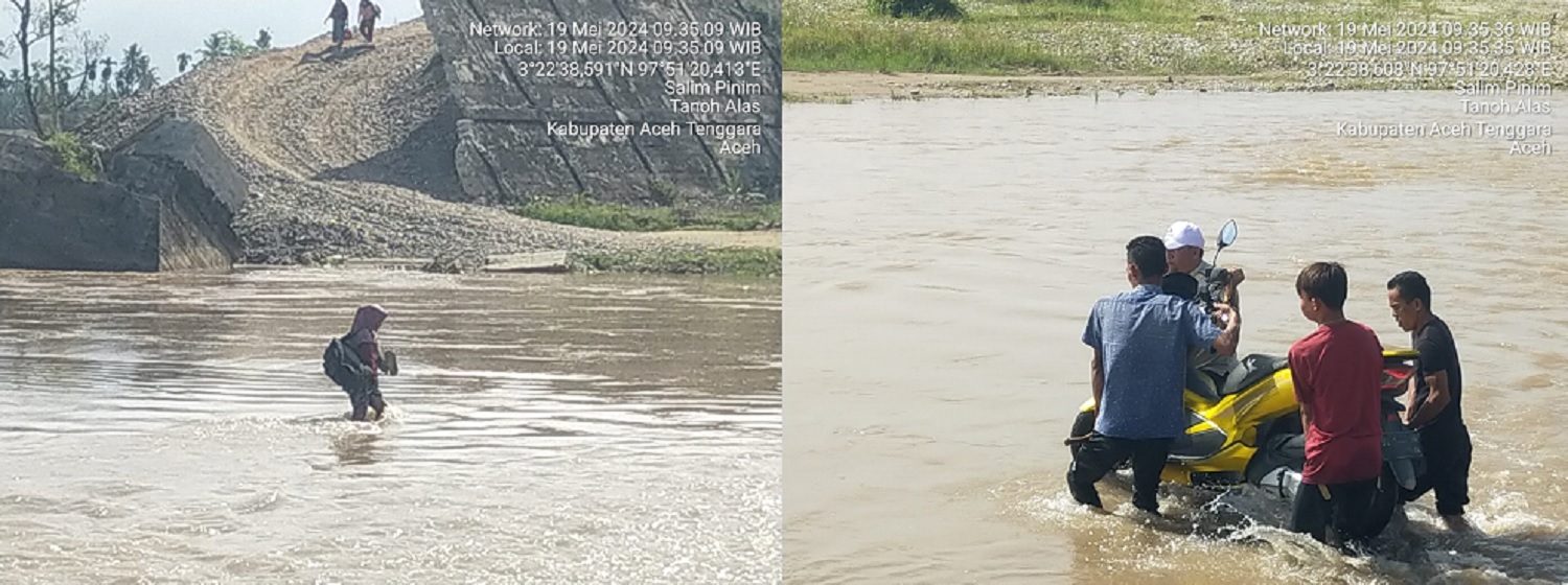 Seperti terlihat dalam gambar, warga saat melintasi jembatan Pantai Dona yang kian memprihatinkan. Waspada/Seh Muhammad Amin
