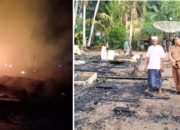 Warga memadamkan api yang membakar rumah milik Bahtiar di Gampong Keude Bagok, Nurussalam, Aceh Timur, Senin (20/5) dinihari (kiri) dan Plt Camat Nurussalam, Muzakir S.Hi, didampingi TKSK Nurussalam, Aslamiyah SH MH, meninjau lokasi rumah yang terbakar di Keude Bagok, Nurussalam, Aceh Timur (kanan), Senin (20/5). Waspada/H. Muhammad Ishak