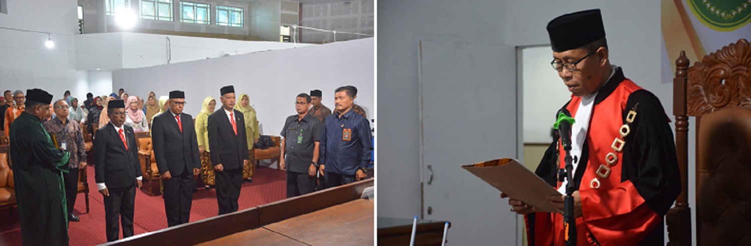KPT Aceh Dr.Suharjono melantik Zainol Pohan sebagai Penjabat Panitera Muda di Pengadilan Tinggi Banda Aceh, Jumat (17/05/24).(Waspada/T.Mansursyah)