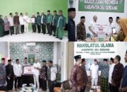 Ketua DPC Gerindra sekaligus Ketua DPRD Deliserdang Zakky Shahri saat menyerahkan simbolis satu ekor sapi kepada Ketua MUI Kabupaten Deliserdang, KH Amir Panatagama, Ketua Muhammadiyah Deliserdang Ibnu Hajar, Ketua Al Washliyah Deliserdang Muhammad Soleh dan disematkan peci berlambang dan bertuliskan NU oleh Seketaris NU Deliserdang Khairul Anwar. (Waspada/ist).