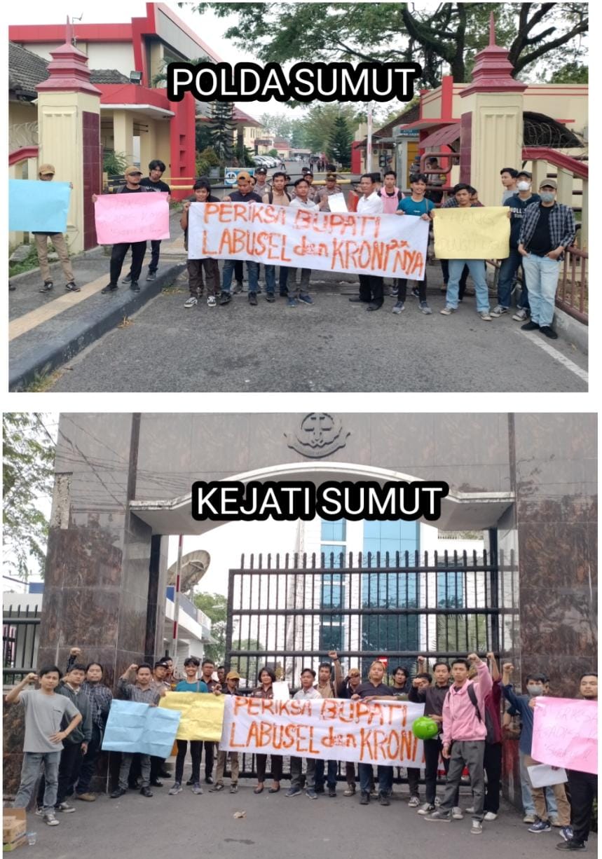 PULUHAN mahasiswa yang tergabung dalam Aliansi Mahasiswa dan Pemuda Sumatera Utara melakukan aksi unjuk rasa di Mapoldasu Jl SM Raja Km. 10,5 Medan dan Kantor Kejaksaan Tinggi Sumatera Utara Jl Jenderal Besar A. H. Nasution No. 1 C, Medan sekitar pukul 11.00 WIB, Senin (13/5). Waspada/Ist