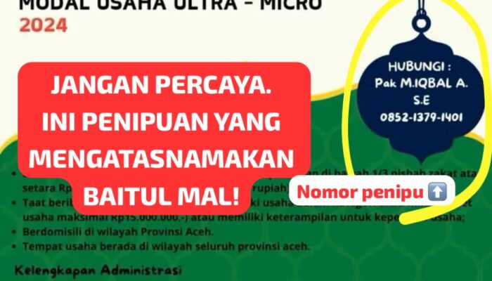 Waspada! Penipu Catut Baitul Mal Aceh Sebarkan Hoax Bantuan Ultra Mikro
