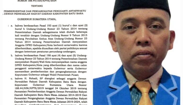 Gubsu Berhentikan Rohadi Anggota DPRD Batubara 2019-2024