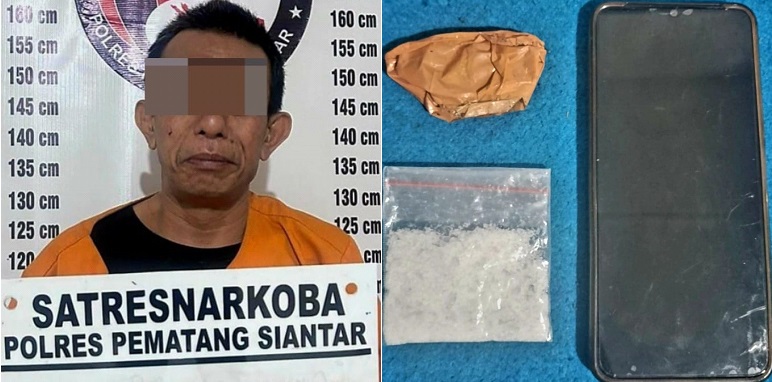 Sat Resnarkoba Polres Pematangsiantar meringkus terduga pelaku seorang residivis, pria DMH, 51, di Jl. Rakutta Sembiring, Kel. Nagapita, Kec. Siantar Martoba, Senin (17/6) pukul 00:10, karena memiliki narkotika jenis sabu-sabu dan menyita barang bukti sabu dan HP dari DMH.(Waspada-Ist).
