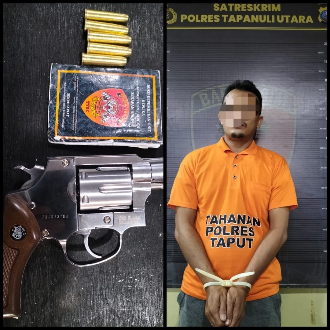 TS, 37, warga Desa Garoga Sibargot, Kecamatan Garoga, Taput, ditangkap dan ditahan Polres Taput karena mengancam menembak warga dengan menggunakan senjata airsoftgun. Waspada/ist