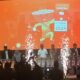 Pj.Bupati Deliserdang Ir.Wiriya Alrahman, MM, Ketua KPU Deliserdang Relis Yanthy Panjaitan dan lainnya menabuh gendang pada peluncuran maskot & jingle pemilihan Bupati & Wakil Bupati Kabupaten Deliserdang Tahun 2024 di Grha Bhineka Perkasa Jaya, Rabu (10/7). (Waspada/Khairul K Siregar/B)