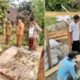 Camat, Pangulu dan warga bekerjasama mengatasi irigasi yang jebol dengan memasang goni berisi tanah dan memasang kayu sebagai penahannya dalam rangkaian kegiatan marharoan bolon di Kec. Pematangbandar, Senin (8/7).(Waspada/ist).