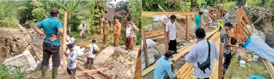 Camat, Pangulu dan warga bekerjasama mengatasi irigasi yang jebol dengan memasang goni berisi tanah dan memasang kayu sebagai penahannya dalam rangkaian kegiatan marharoan bolon di Kec. Pematangbandar, Senin (8/7).(Waspada/ist).