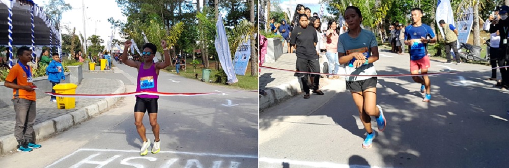 Pelari Daniel Simanjuntak Juara I Putra (kiri) dan Cilpia Manalu Juara I Putri, Lomba Marathon 10K Jetun Games V HKBP 2024, Jumat (13/7). Waspada/Hotbin Purba