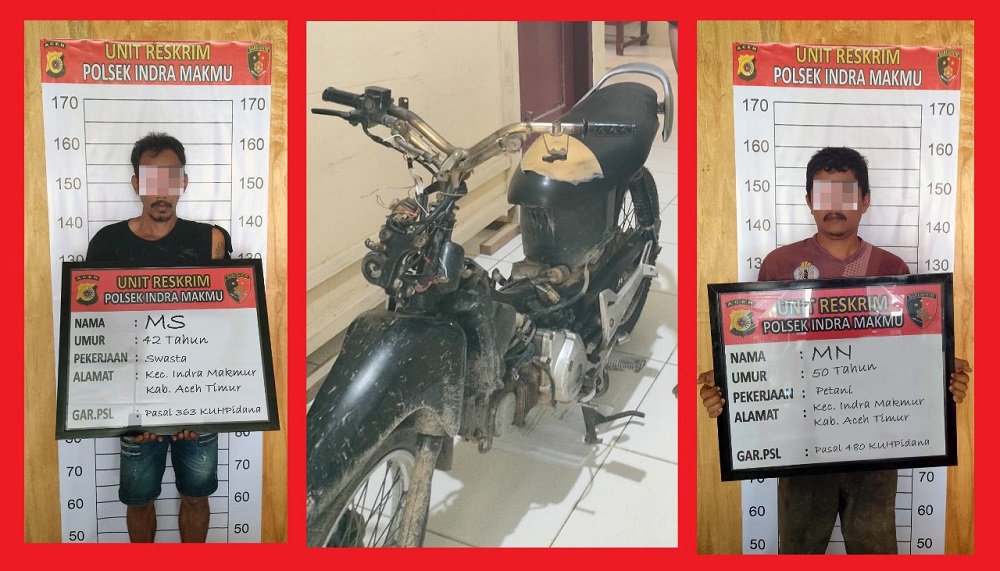 Tersangka MS dan MN berikut barang bukti sepedamotor diamankan di Polsek Indra Makmur, Aceh Timur, Rabu (25/7). Waspada/Ist.