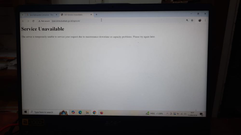 Tangkaplayar server LPSE Simeulue error menjelang.batas masa sanggah pukul 08:00 pagi tadi. Waspada/Rahmad