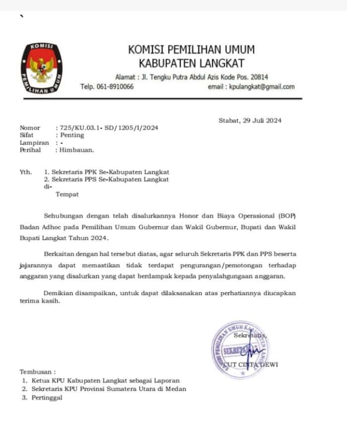 SURAT yang bersifat himbauan dari Sekretaris KPU Langkat untuk PPK dan PPS se-Kab. Langkat. Waspada/Ist