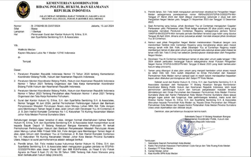 SURAT Kementrian Kordinator Bidang Politik, Hukum dan Keamanan (Polhukkam). Waspada/ist
