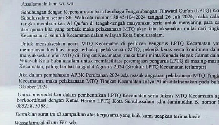 Pj Wali Kota Minta Persoalan LPTQ Ikuti Aturan AD/ART Organisasi