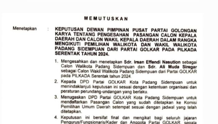 Sah, Golkar Usung Irsan Efendi Nasution Dan Ali Muda Siregar Di Pilkada Padangsidimpuan