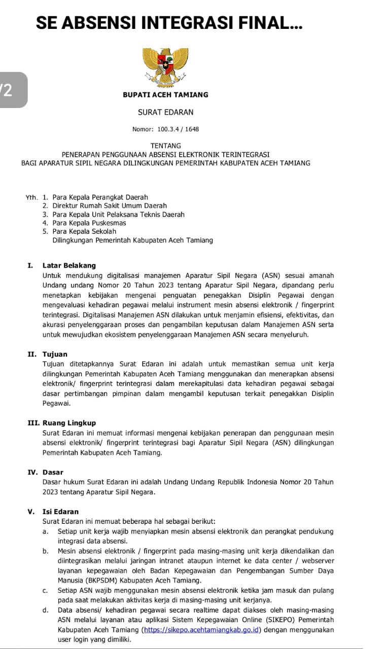 Surat Edaran Nomor : 100,3.4/1648 Tahun 2024 tentang penerapan penggunaan absensi elektronik terintegrasi bagi ASN dilingkungan Pemerintahan Kabupaten Aceh Tamiang.(Waspada/Yusri).