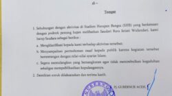 Surat Pj Gubernur Aceh, Safrizal, terkait keberadaan pawang hujan di Stadion Harapan Bangsa. (Waspada/Ist)