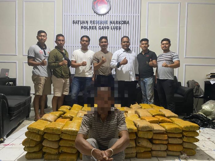 Tersangka SL, warga Dusun Uken Desa Agusen Kecamatan Blangkejeren, diamankan bersama barang bukti ganja seberat 250 kg di Mapolres Gayo Lues. Waspada/Ist