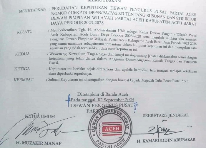 Penggalan surat pemberhentian Panglima Do, dari jabatan Ketua DPW-PA Abdya. Kamis (5/9).Waspada/Syafrizal