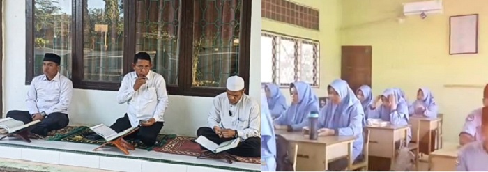 Kepala SMA Negeri 3 Putra Bangsa Lhoksukon, Aceh Utara Zulkifli, M.Pd menjadi pengajar Al-Qur'an saat launching pengajian pagi prapembelajaran, beberapa waktu lalu (kiri) dan para siswa yang sedang menyimak bacaan Al-Qur'an, Selasa (24/4). Waspada/ist