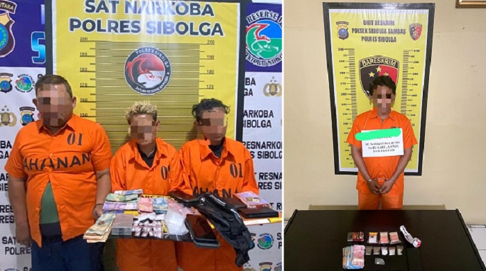 Tiga tersangka pengedar sabu berinisial DM alias B, WB alias Y, dan AL alias T, 40 diamankan Tim Opsnal Sat Res Narkoba Polres Sibolga (kiri) dan SPA alias L, tersangka penyalahgunaan Narkoba diamankan Unit Reskrim Polsek Sibolga Sambas (kanan). Waspada/ist