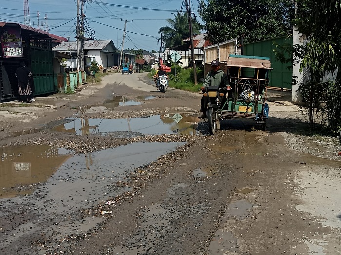 Salah satu titik ruas jalan Kampung Paya Bedi,Kecamatan Rantau, Kabupaten Aceh Tamiang yang rusak parah dan butuh perbaikan dari pemerintah daerah,Selasa (10/9).(Waspada/Yusri).